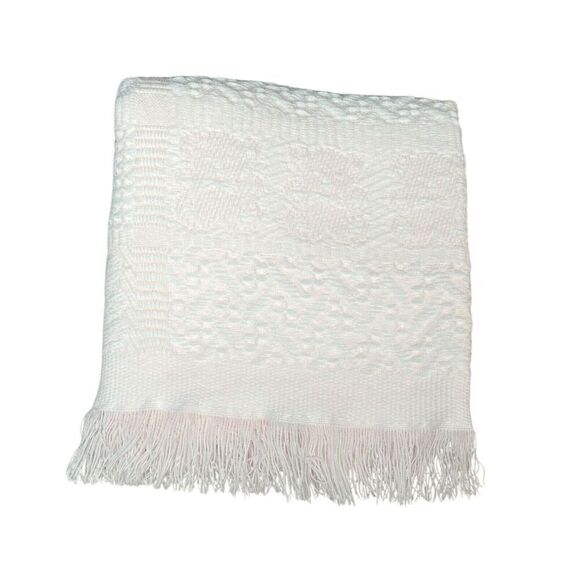 Vintage Baby Blanket Pink White Acrylic Fringe Teddy Bears Fancy Weave Japan - Picture 1 of 8